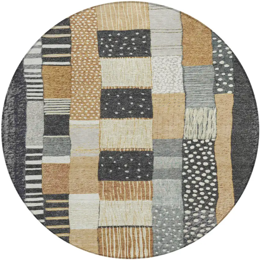 8' Black Gold And Ivory Round Geometric Washable Indoor Outdoor Area Rug Photo 1