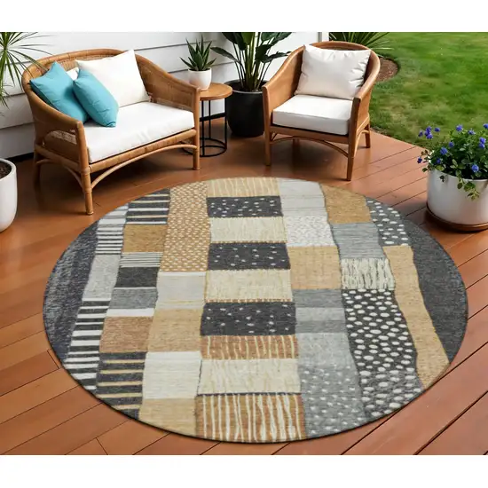 8' Black Gold And Ivory Round Geometric Washable Indoor Outdoor Area Rug Photo 2