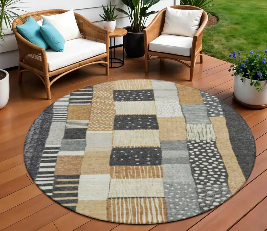 8' Black Gold And Ivory Round Geometric Washable Indoor Outdoor Area Rug Photo 2