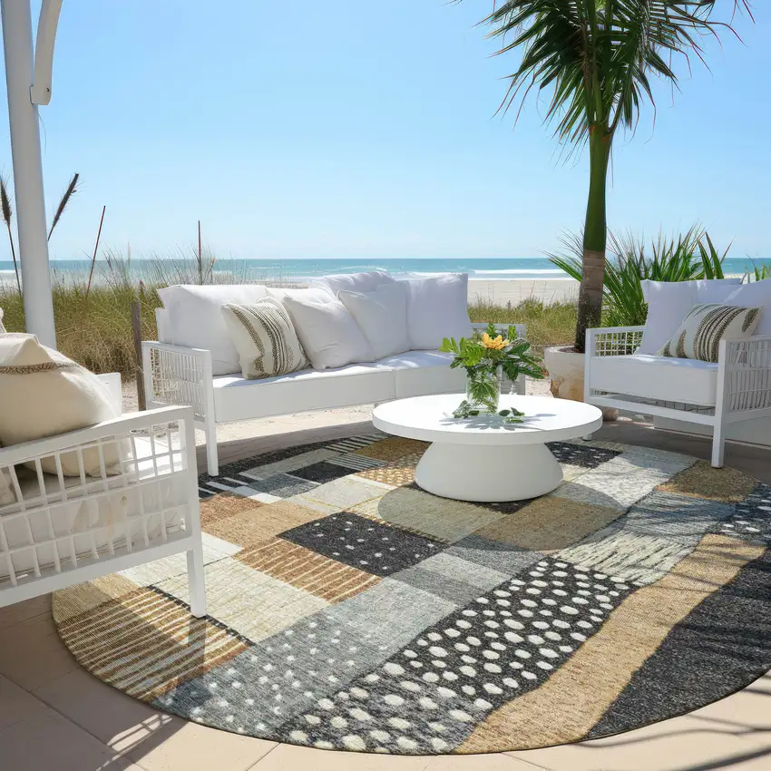 8' Black Gold And Ivory Round Geometric Washable Indoor Outdoor Area Rug Photo 6