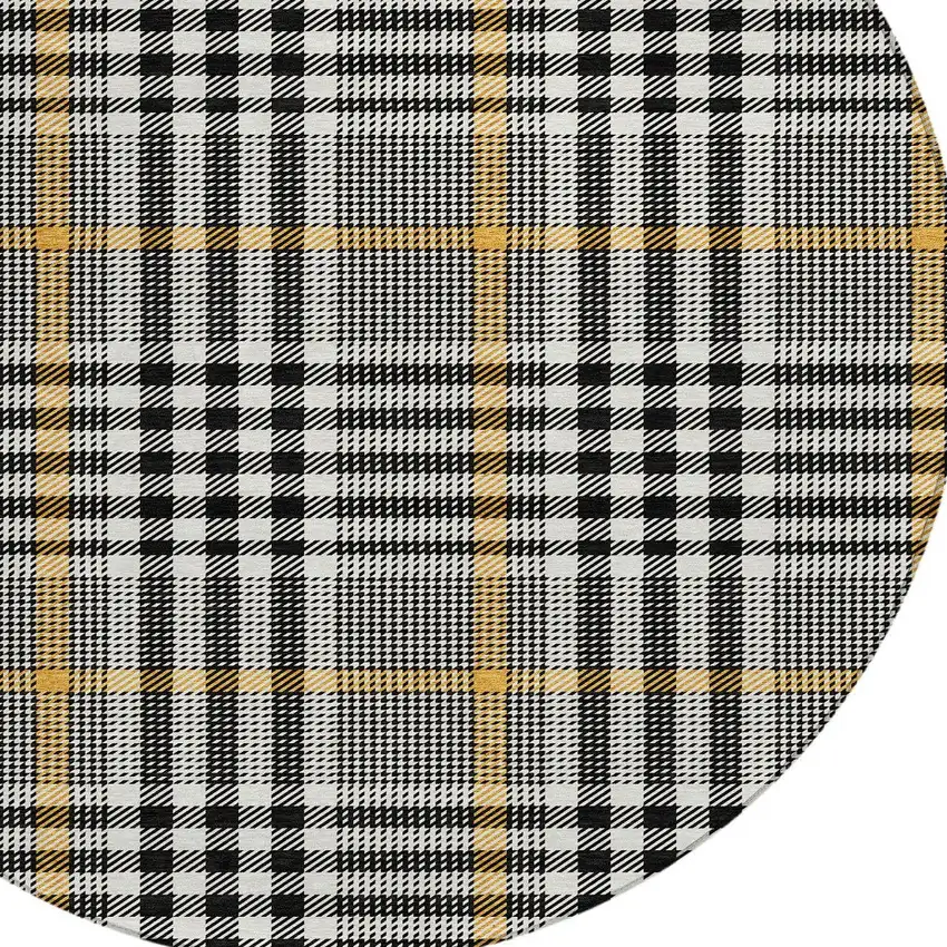 8' Black Gold And Ivory Round Plaid Washable Indoor Outdoor Area Rug Photo 6
