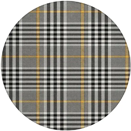 8' Black Gold And Ivory Round Plaid Washable Indoor Outdoor Area Rug Photo 2
