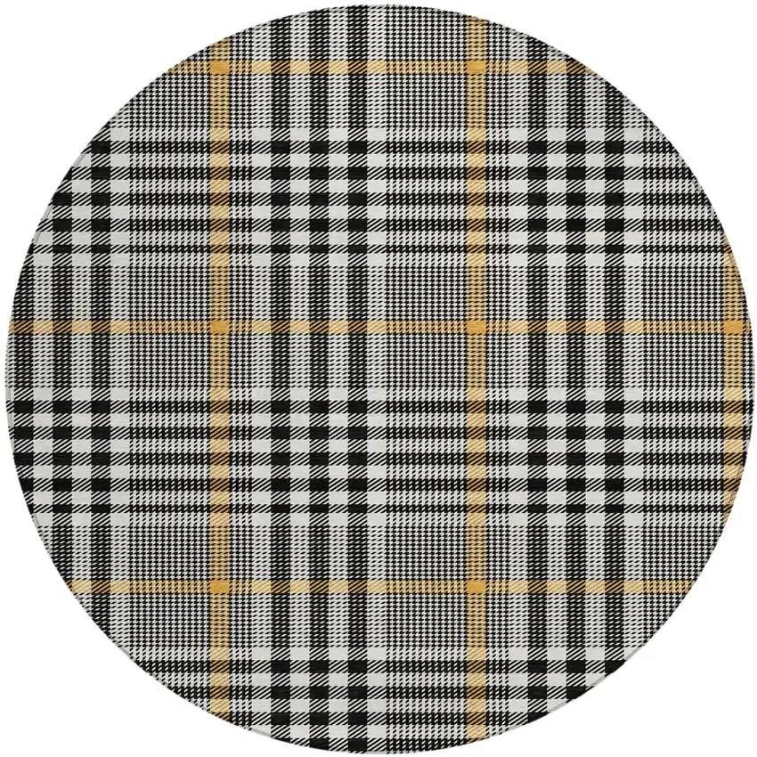 8' Black Gold And Ivory Round Plaid Washable Indoor Outdoor Area Rug Photo 2