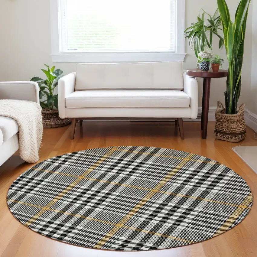8' Black Gold And Ivory Round Plaid Washable Indoor Outdoor Area Rug Photo 9