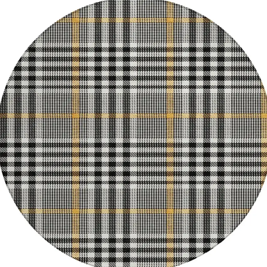 8' Black Gold And Ivory Round Plaid Washable Indoor Outdoor Area Rug Photo 7