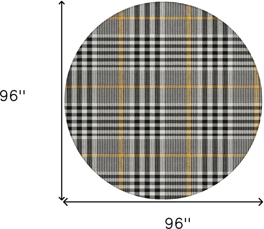 8' Black Gold And Ivory Round Plaid Washable Indoor Outdoor Area Rug Photo 8