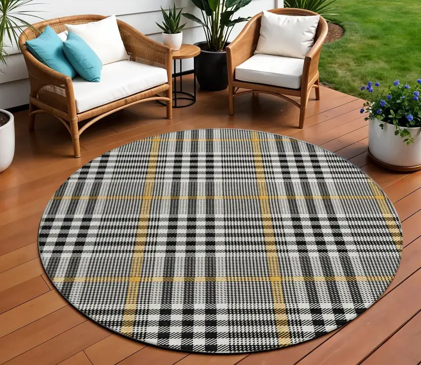 8' Black Gold And Ivory Round Plaid Washable Indoor Outdoor Area Rug Photo 1