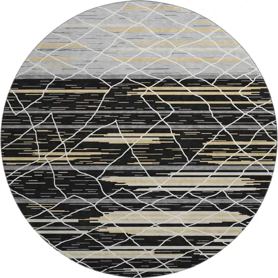 8' Black Gold And Ivory Striped Washable Round Rug With UV Protection Photo 1
