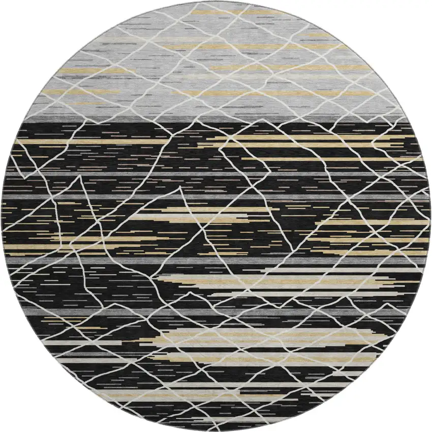 8' Black Gold And Ivory Striped Washable Round Rug With UV Protection Photo 1