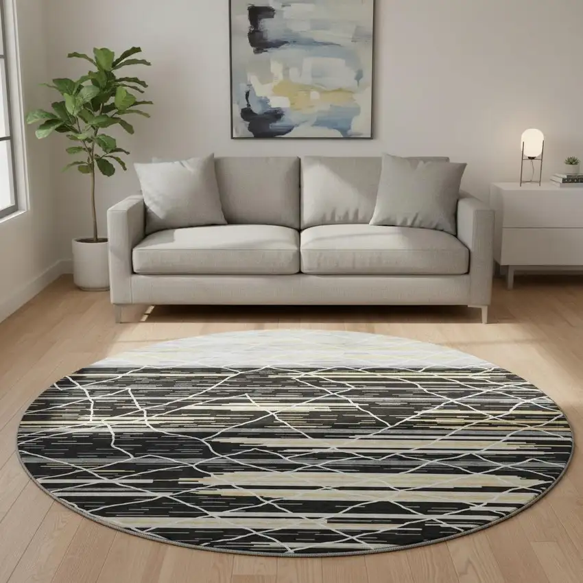 8' Black Gold And Ivory Striped Washable Round Rug With UV Protection Photo 2