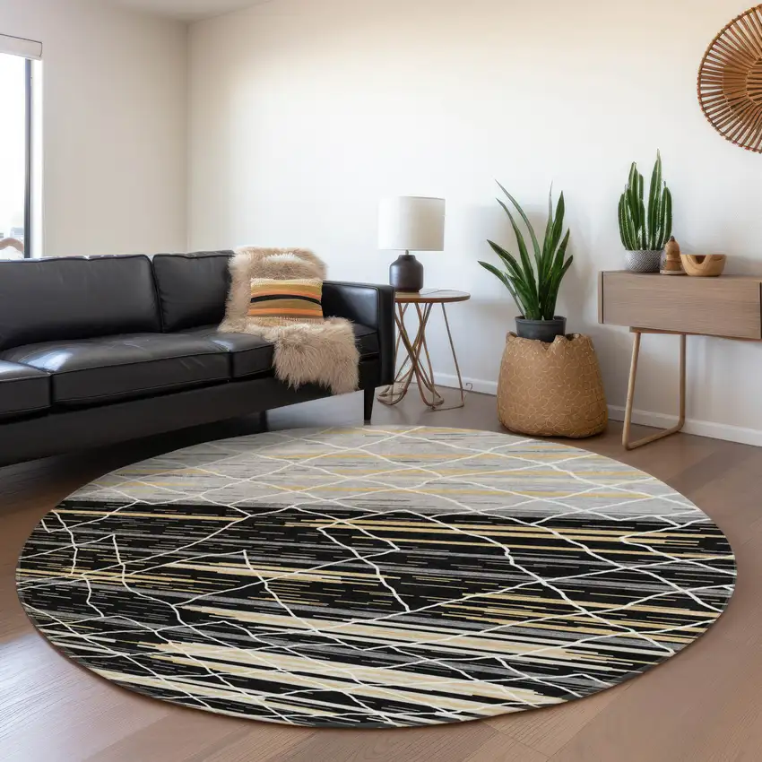 8' Black Gold And Ivory Striped Washable Round Rug With UV Protection Photo 3