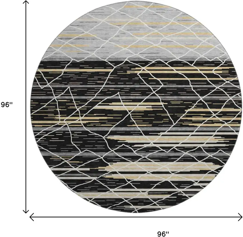8' Black Gold And Ivory Striped Washable Round Rug With UV Protection Photo 8
