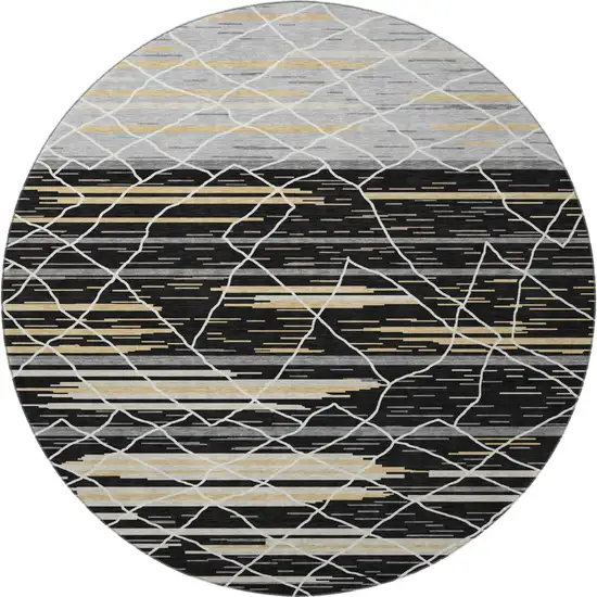 8' Black Gold And Ivory Striped Washable Round Rug With UV Protection Photo 2
