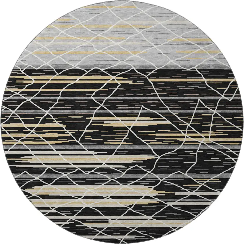 8' Black Gold And Ivory Striped Washable Round Rug With UV Protection Photo 2