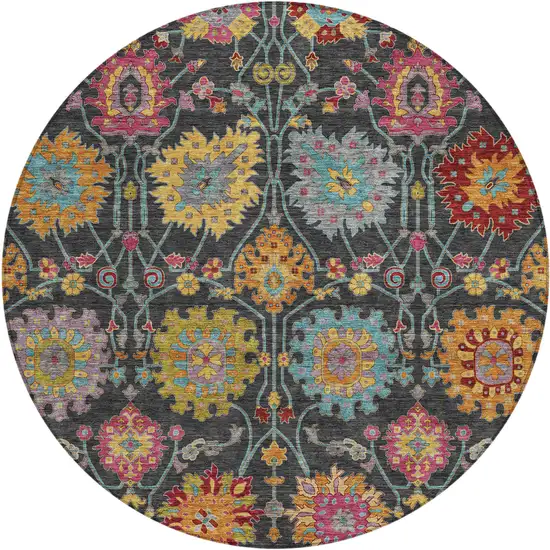 8' Black Gold And Pink Round Damask Washable Indoor Outdoor Area Rug Photo 2