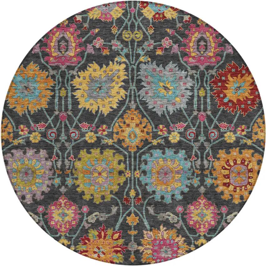 8' Black Gold And Pink Round Damask Washable Indoor Outdoor Area Rug Photo 2