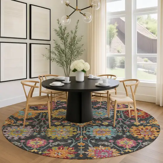 8' Black Gold And Pink Round Damask Washable Indoor Outdoor Area Rug Photo 9