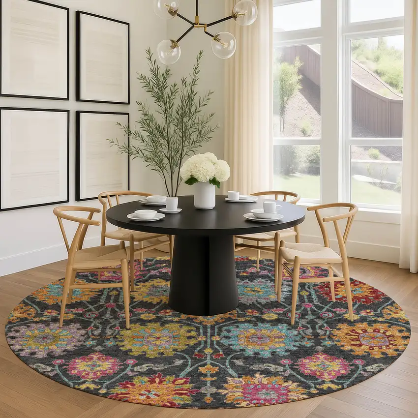 8' Black Gold And Pink Round Damask Washable Indoor Outdoor Area Rug Photo 9