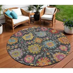 Photo of 8' Black Gold And Pink Round Damask Washable Indoor Outdoor Area Rug