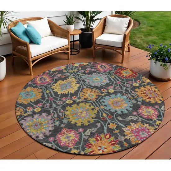 8' Black Gold And Pink Round Damask Washable Indoor Outdoor Area Rug Photo 1