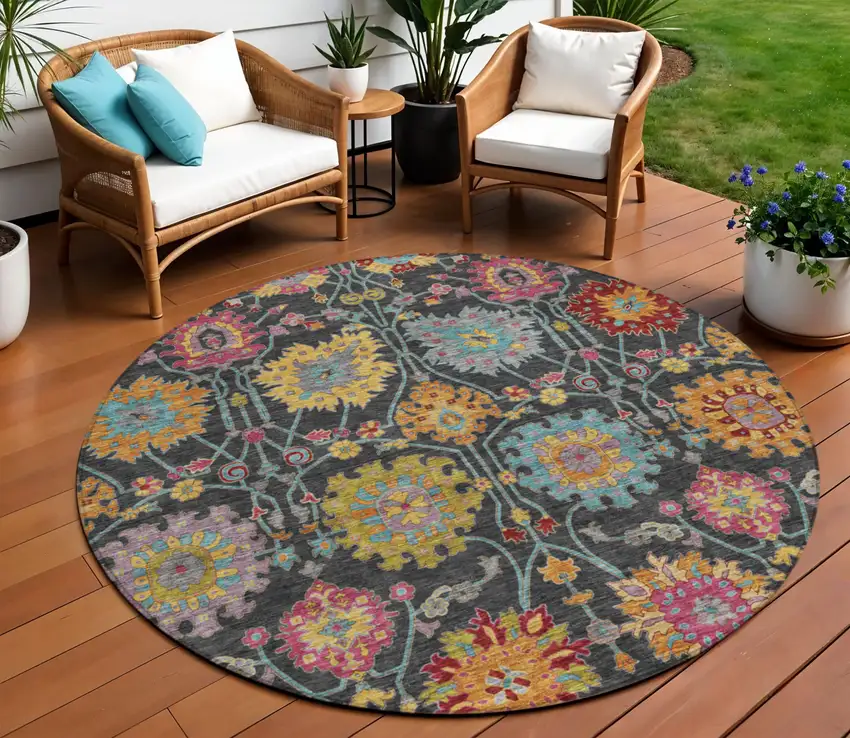 8' Black Gold And Pink Round Damask Washable Indoor Outdoor Area Rug Photo 1
