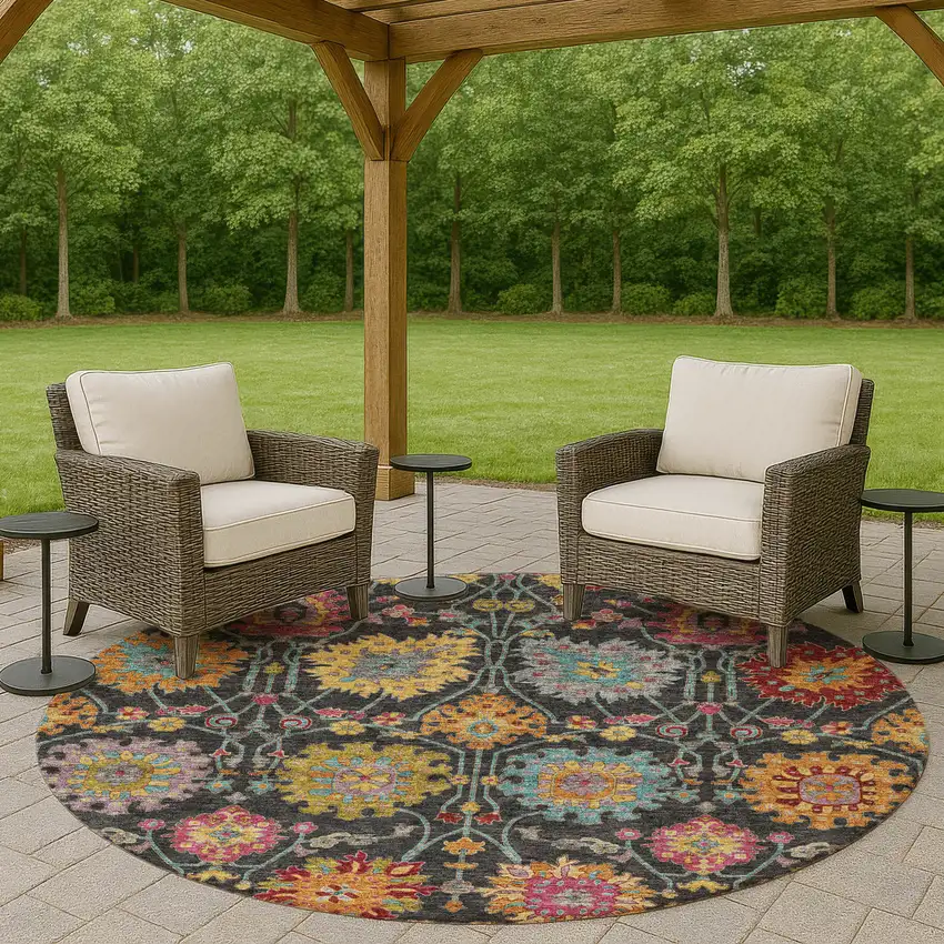 8' Black Gold And Pink Round Damask Washable Indoor Outdoor Area Rug Photo 9