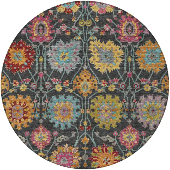 8' Black Gold And Pink Round Damask Washable Indoor Outdoor Area Rug Photo 5