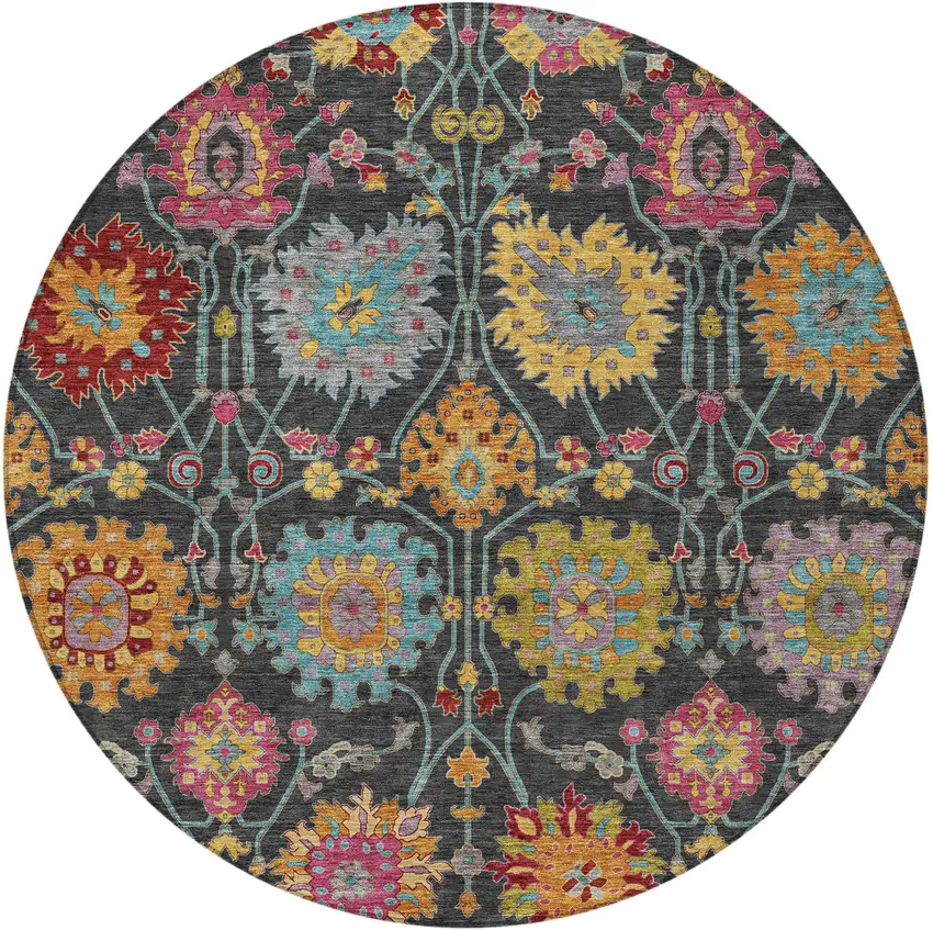 8' Black Gold And Pink Round Damask Washable Indoor Outdoor Area Rug Photo 5