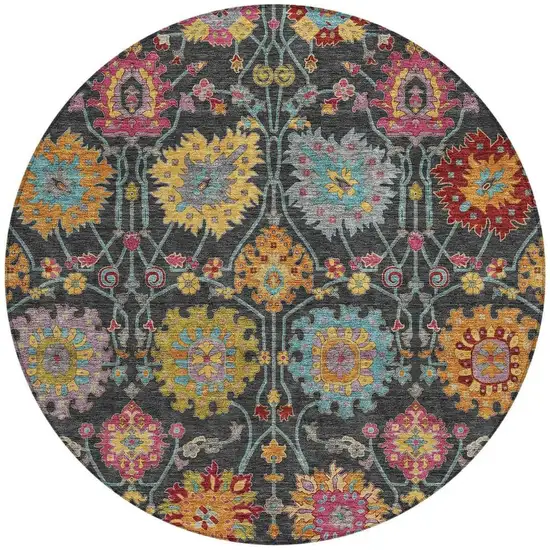 8' Black Gold And Pink Round Damask Washable Indoor Outdoor Area Rug Photo 4