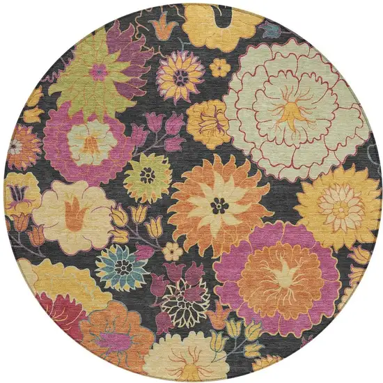 8' Black Gold And Pink Round Floral Washable Indoor Outdoor Area Rug Photo 4