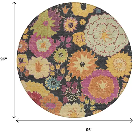 8' Black Gold And Pink Round Floral Washable Indoor Outdoor Area Rug Photo 3