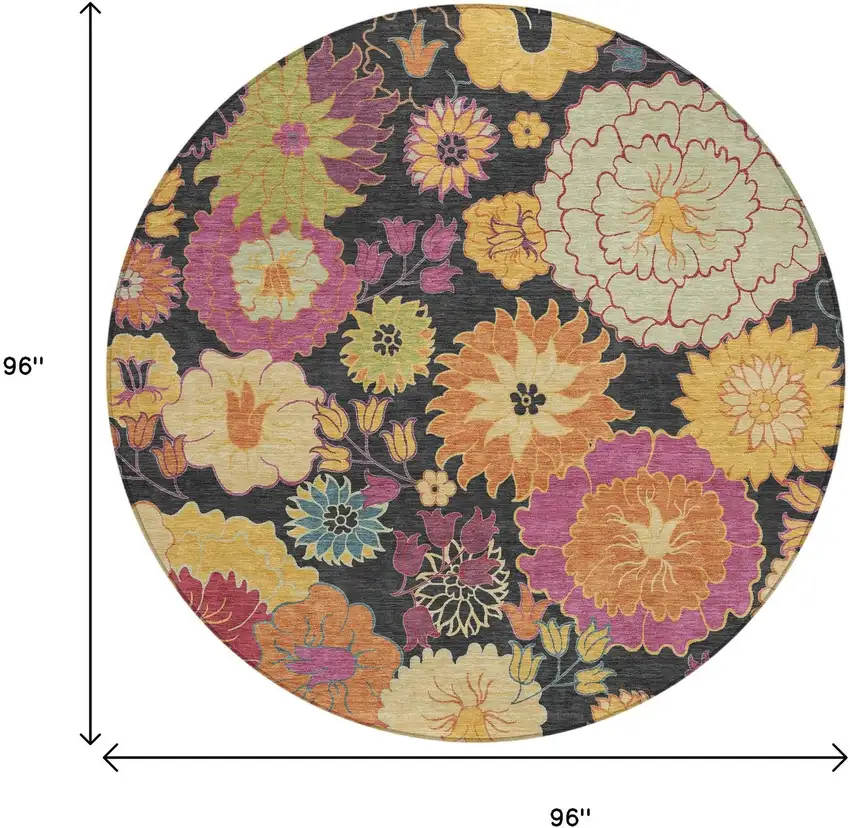 8' Black Gold And Pink Round Floral Washable Indoor Outdoor Area Rug Photo 3