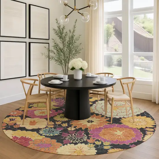 8' Black Gold And Pink Round Floral Washable Indoor Outdoor Area Rug Photo 9
