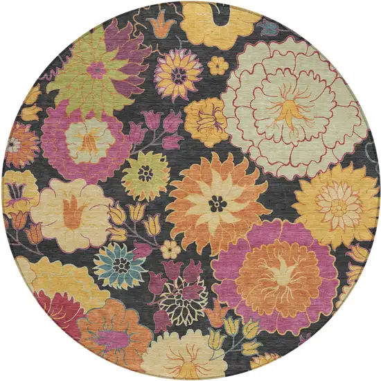 8' Black Gold And Pink Round Floral Washable Indoor Outdoor Area Rug Photo 2