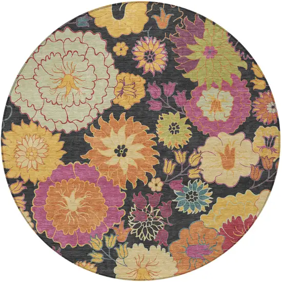 8' Black Gold And Pink Round Floral Washable Indoor Outdoor Area Rug Photo 5
