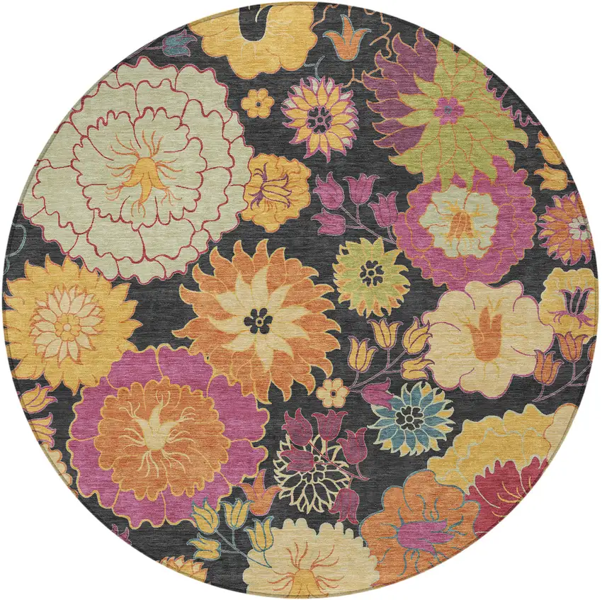 8' Black Gold And Pink Round Floral Washable Indoor Outdoor Area Rug Photo 5