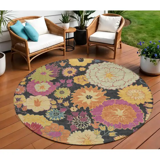 8' Black Gold And Pink Round Floral Washable Indoor Outdoor Area Rug Photo 1