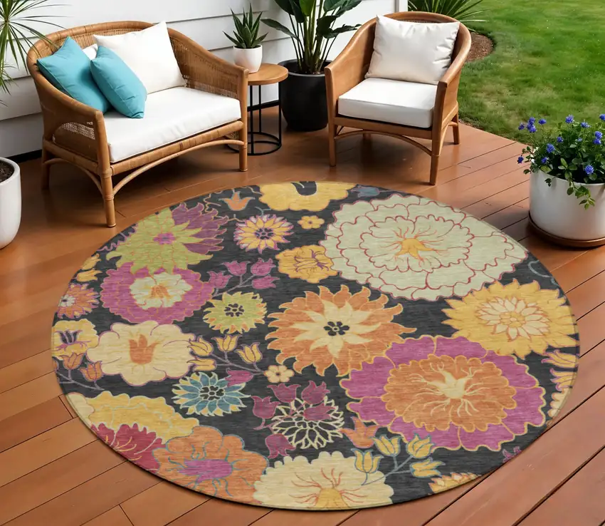 8' Black Gold And Pink Round Floral Washable Indoor Outdoor Area Rug Photo 1