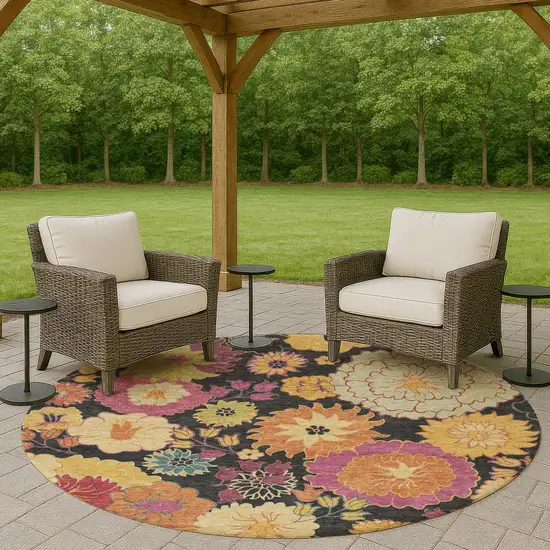 8' Black Gold And Pink Round Floral Washable Indoor Outdoor Area Rug Photo 9
