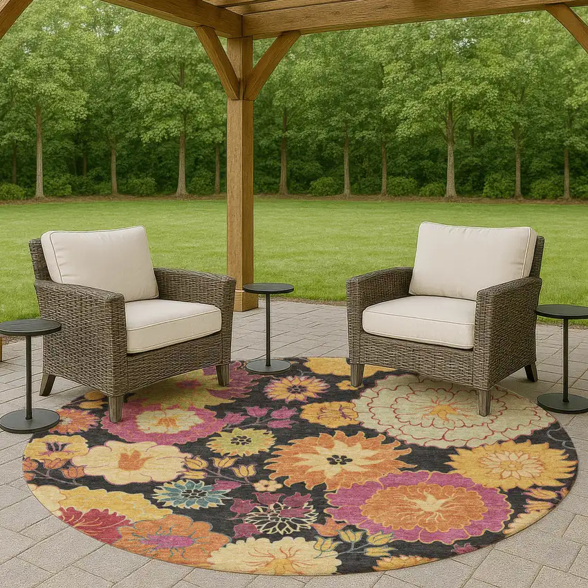 8' Black Gold And Pink Round Floral Washable Indoor Outdoor Area Rug Photo 9