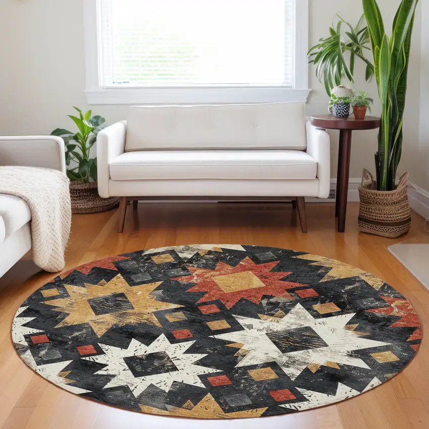8' Black Gold And Rust Round Aztec Washable Indoor Outdoor Area Rug Photo 6