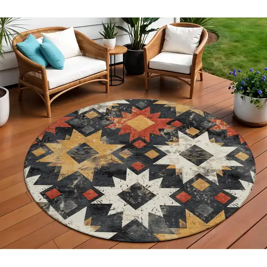 8' Black Gold And Rust Round Aztec Washable Indoor Outdoor Area Rug Photo 2