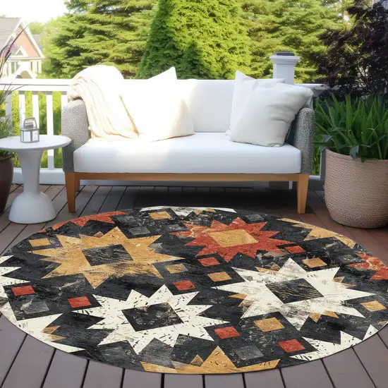8' Black Gold And Rust Round Aztec Washable Indoor Outdoor Area Rug Photo 5
