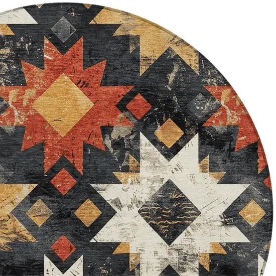 8' Black Gold And Rust Round Aztec Washable Indoor Outdoor Area Rug Photo 7