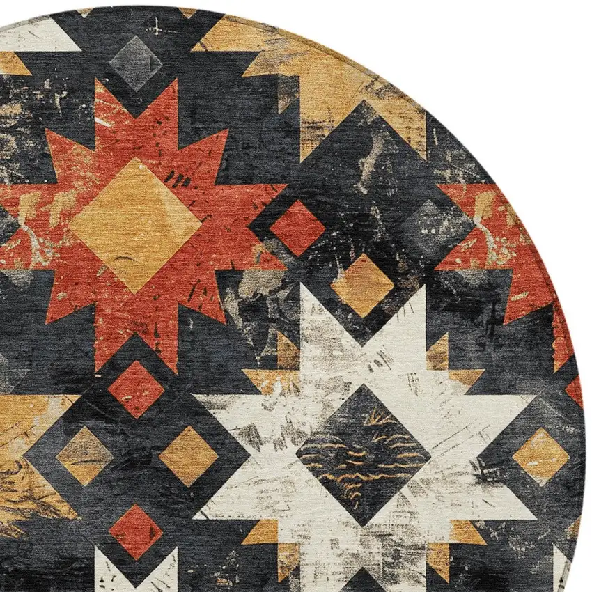 8' Black Gold And Rust Round Aztec Washable Indoor Outdoor Area Rug Photo 7