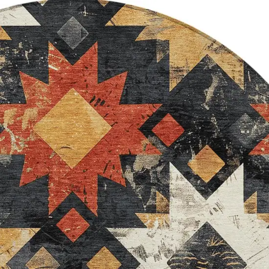 8' Black Gold And Rust Round Aztec Washable Indoor Outdoor Area Rug Photo 3