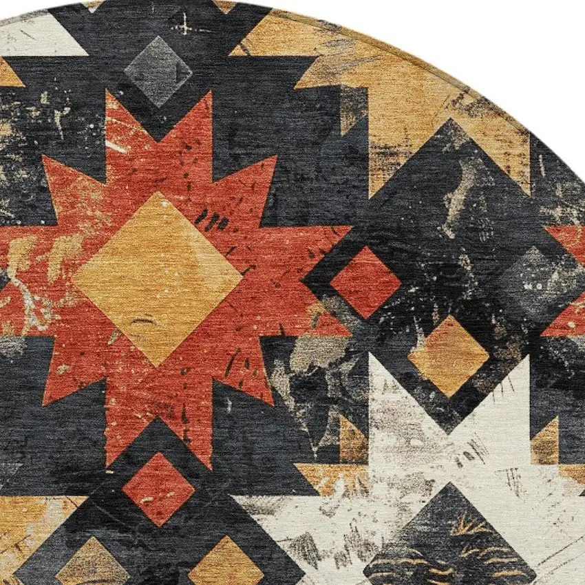 8' Black Gold And Rust Round Aztec Washable Indoor Outdoor Area Rug Photo 3