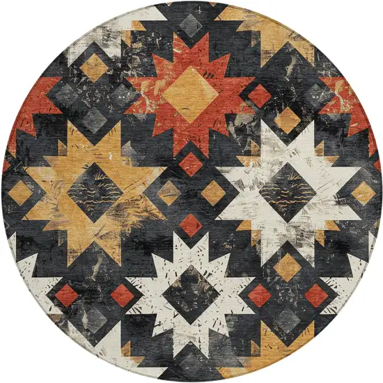 8' Black Gold And Rust Round Aztec Washable Indoor Outdoor Area Rug Photo 1