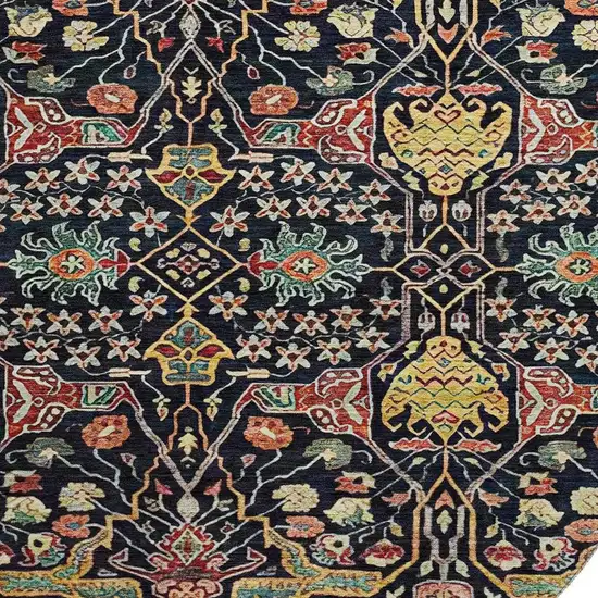 8' Black Gold Teal And Red Floral Washable Round Rug With UV Protection Photo 2