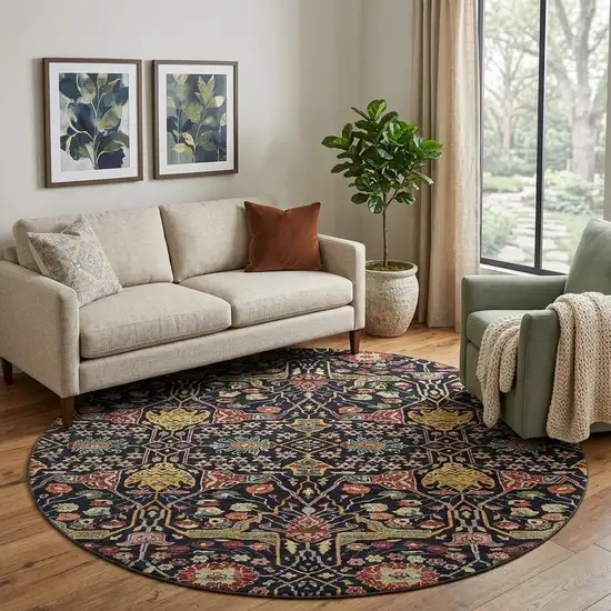 8' Black Gold Teal And Red Floral Washable Round Rug With UV Protection Photo 1